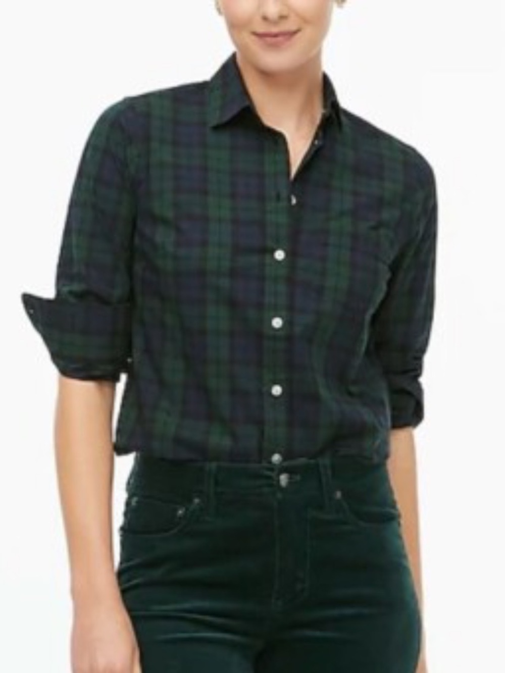 J. Crew Stretch Cotton Plaid Button Down Top Shirt Green Navy Small